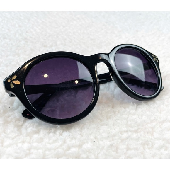 (VTG) Floral Embellished Retro Black Circle Frame Sunglasses - Picture 4 of 13